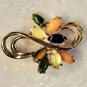 Adorable Vintage Goldtone Multi Colored Navette Marquise Cabochon Brooch